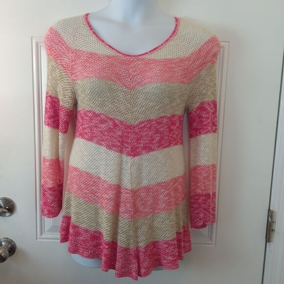 New Directions lightweight broad Striped v-neck sweater in shades of red and tan - Picture 1 of 12